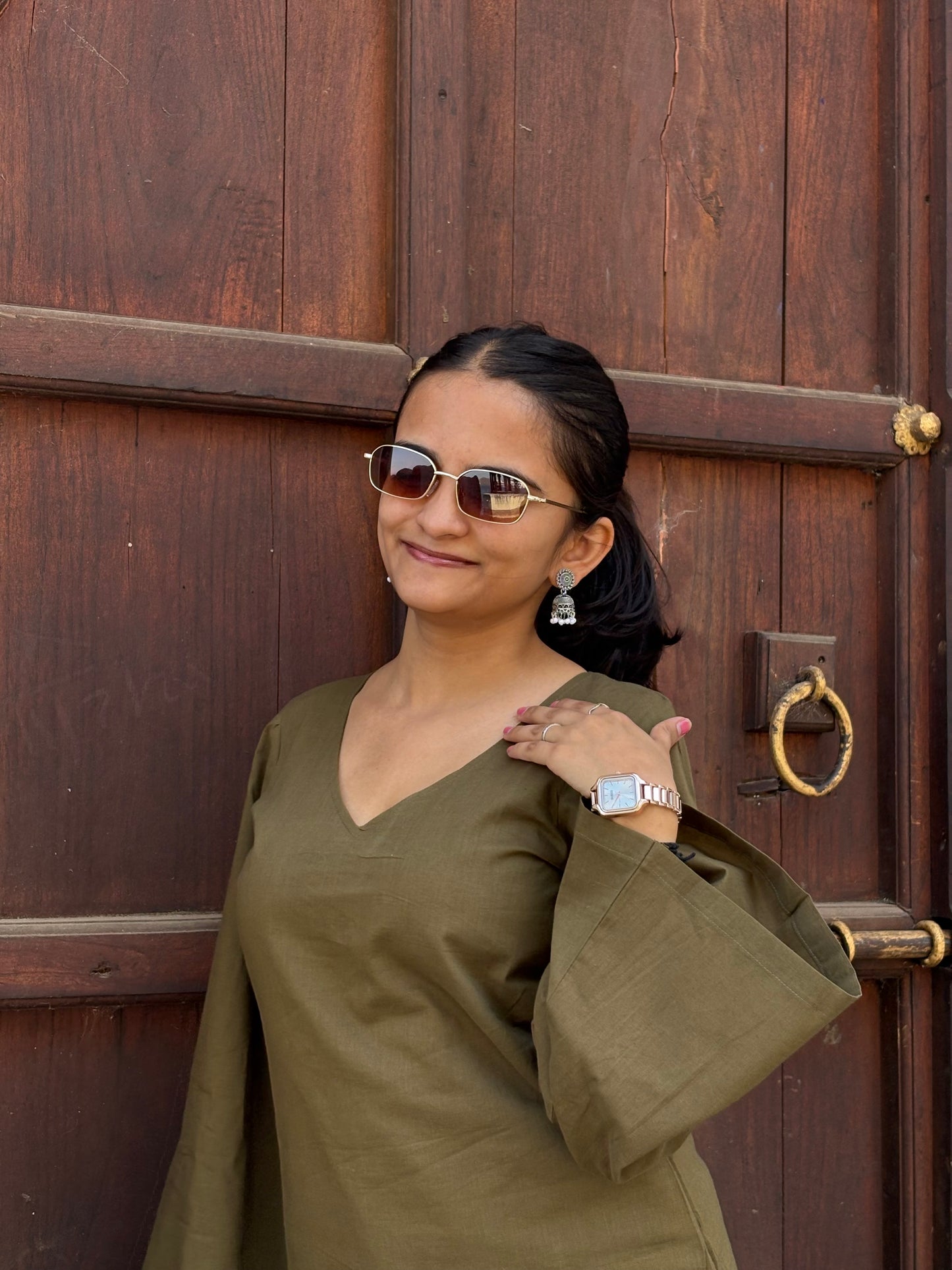 NOOR - BELL SLEEVE COTTON V-NECK KURTI