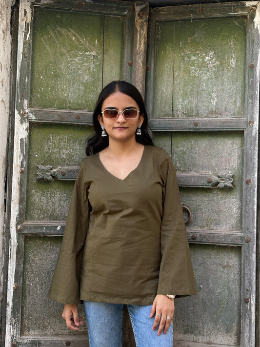 NOOR - BELL SLEEVE COTTON V-NECK KURTI