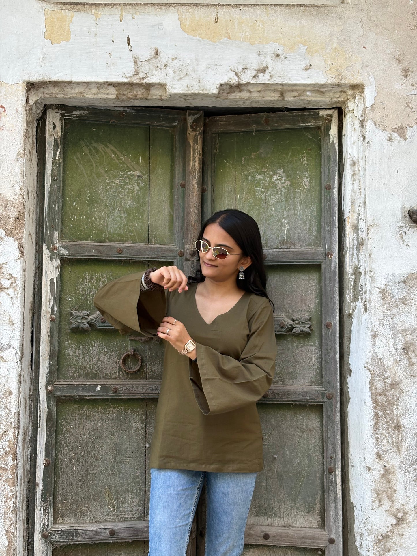 NOOR - BELL SLEEVE COTTON V-NECK KURTI